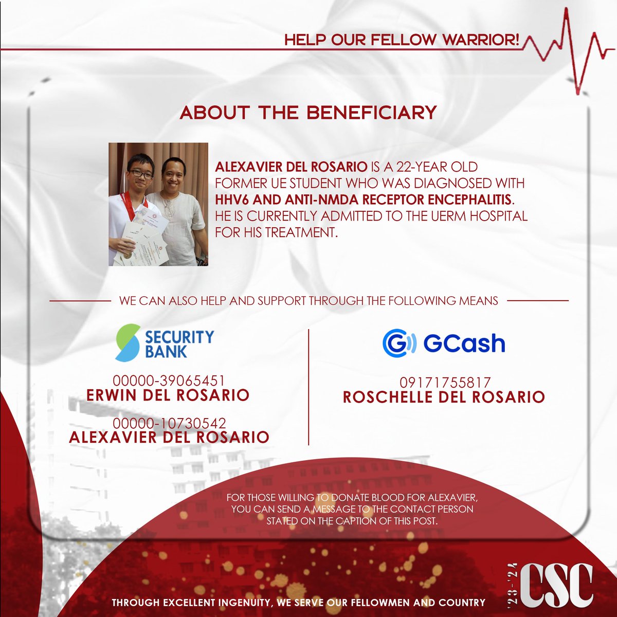 UECSC_Official's tweet photo. 𝗔𝗧𝗧𝗘𝗡𝗧𝗜𝗢𝗡 𝗪𝗔𝗥𝗥𝗜𝗢𝗥𝗦 📣

Our fellow mandirigma needs our help! Below are the contact information you can reach out to:

Alexavier’s Mother: Roschelle Del Rosario
https://t.co/YeQRnX6LYQ

You can also support through this channel:
https://t.co/HcxUwdAVxr 

#CSC2324 https://t.co/gY4omSGhqT