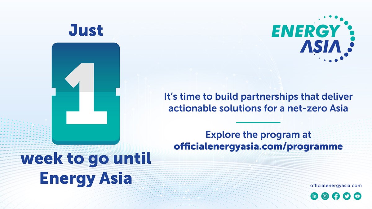 Just one week to go until Energy Asia. Explore the programme at officialenergyasia.com/programme to find out more and plan your visit. #EnergyAsia #EnergyAsia2023 #PETRONAS #CERAWeek #EnergyTransition #NetZero