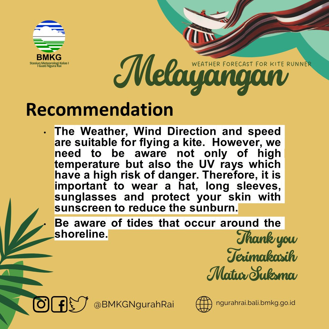 BMKGNgurahRai's tweet photo. Pastikan cek informasi prakiraan cuaca khusus dari BMKG Ngurah Rai sebelum melayangan ya, agar aktifitasmu makin seru. π
#rareangon
#prakiraancuacamelayangan
#bmkgngurahrai https://t.co/01xlzV8QPS