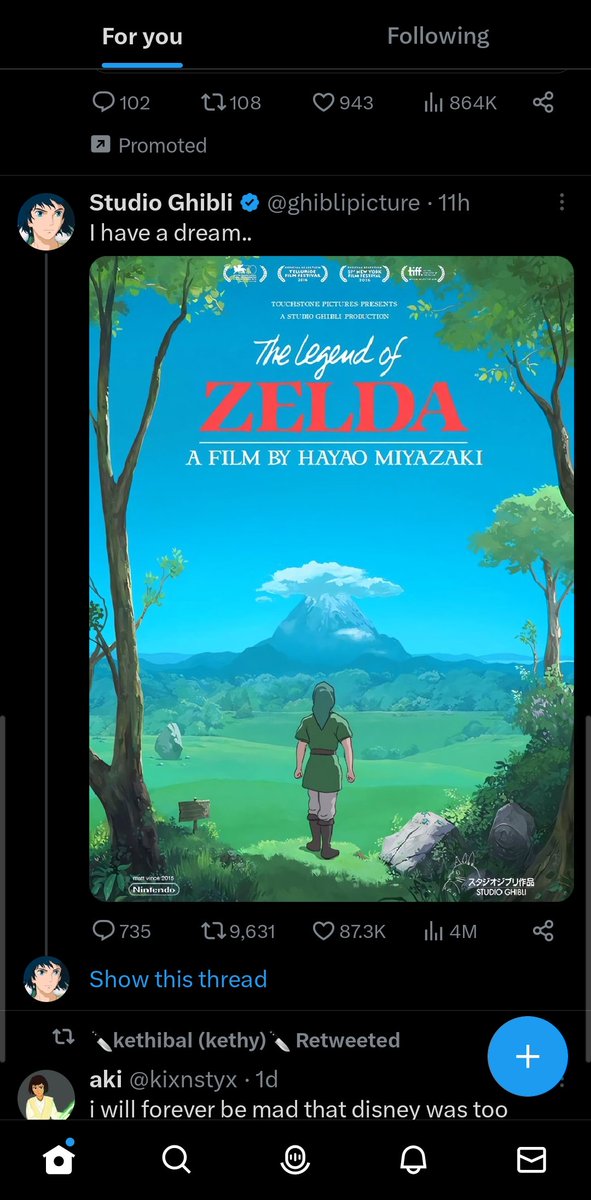 this guy has a blue check with the name Studio Ghibli posting (uncredited!) fanart of a The Legend of Zelda by Hayao Miyazaki poster and it has almost 10K RTs and 90K likes. click through their page and its got ads for projectors and night lights lmao. Twitter sucks