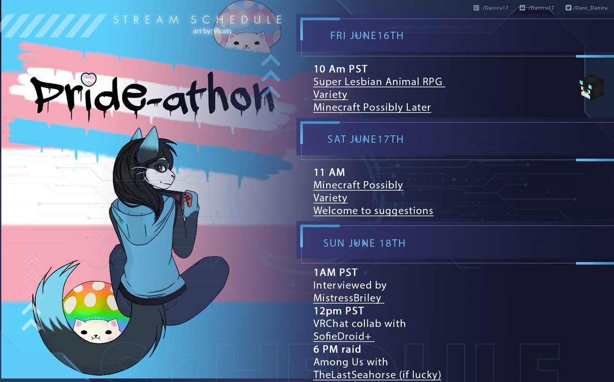 Dani_daniru's tweet photo. Tentative Schedule for My #Prideathon hosted by @TheLastSeahorse  to raise money for the Trans Lifeline! Happy #PrideMonth next tweet says some of the rewards and milestones meow! #Vtuber #envtuber #TransLifeline https://t.co/H6RcSg6ypq