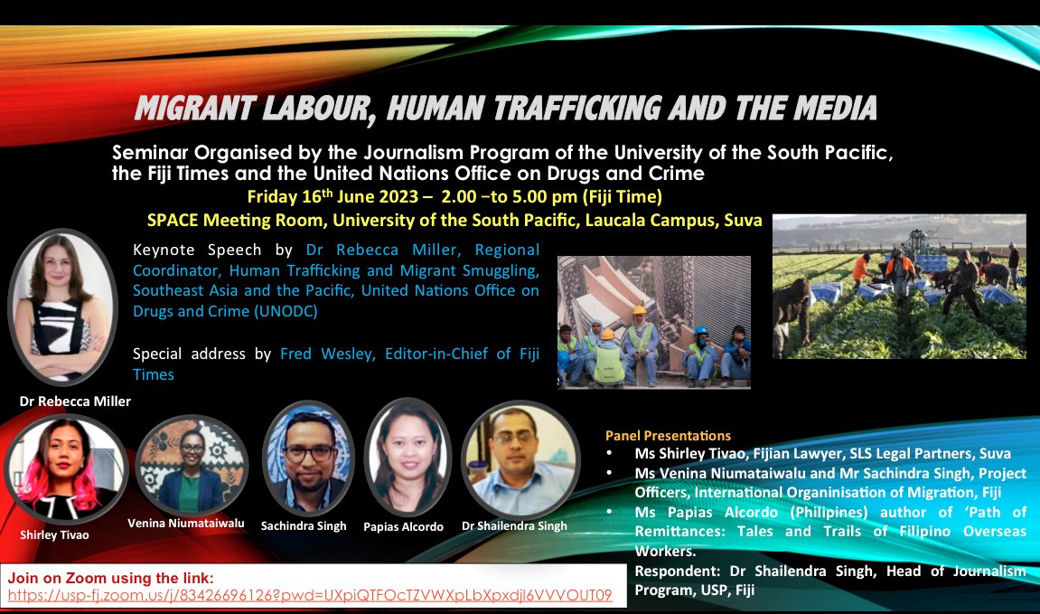 @UNODC_SEAP is thrilled to be partnering with @UniSouthPacific to convene this important seminar on #Migrant Labour, #HumanTrafficking and the #Media in the #Pacific Great complement to #UNODC's work with @Pacjn Pacific Anti-Corruption Journalists Network. 📣Happening now! ⬇️