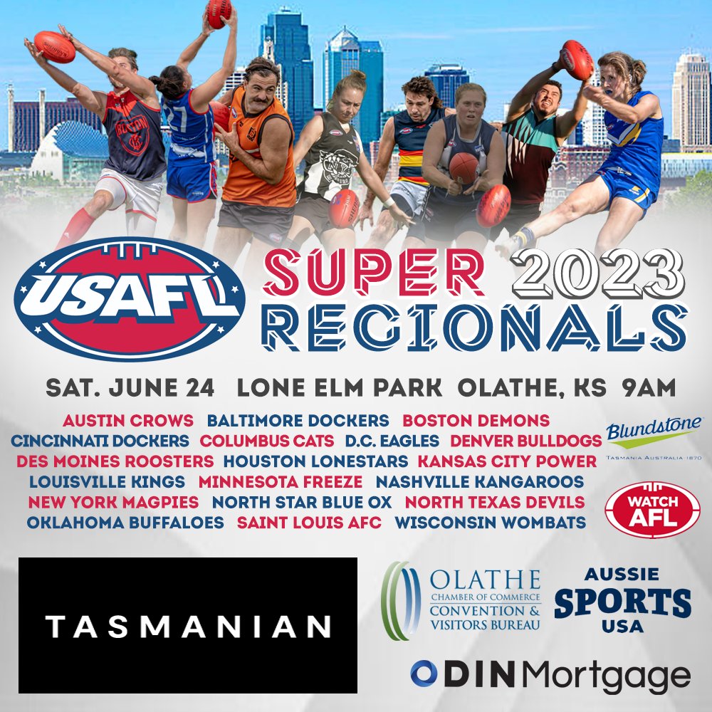 It’s not just regionals, it’s… 🌟SUPER REGIONALS🌟
We’re one weekend away from this first ever special event in <a href="/OlatheCVB/">Visit Olathe</a>!  

18 clubs from across the East and Central, 4 divisions, 3 fields, one amazing day of Aussie Rules.

More info can be found here: usafl.com/tournament/jun…