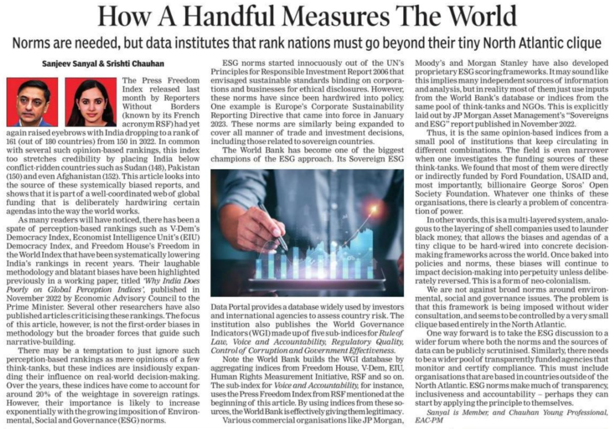 Article in ToI on how global ESG norms are a form of neo-colonial control run by tiny cabal.These norms are rapidly entering every sphere of life - trade, investment, corporate governance, consumer goods - and no one seems to be paying attention to who defines and certifies them.