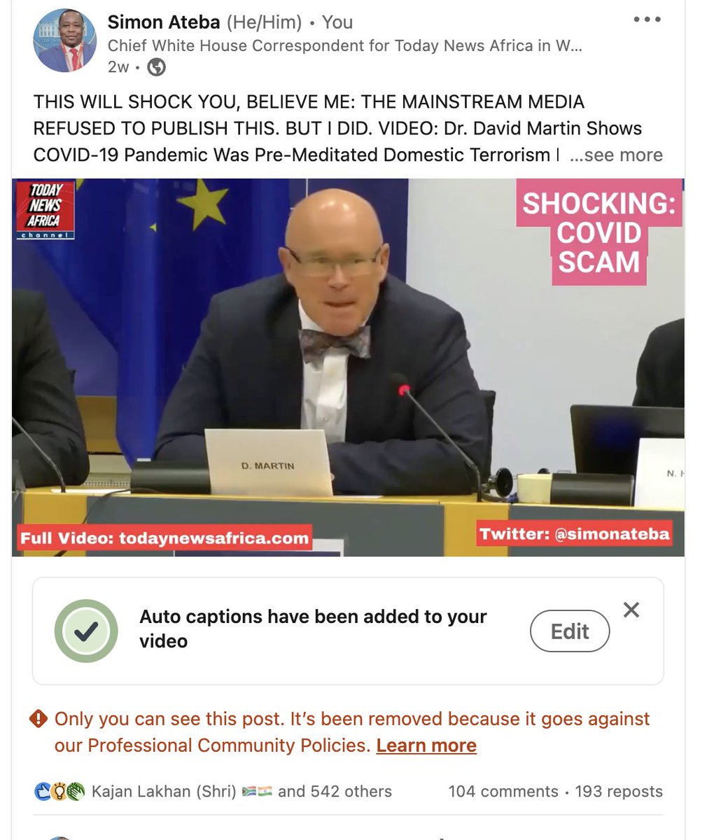 In an attempt to supress the truth and do the bidding of corrupt pharmaceutical companies, corrupt <a href="/LinkedIn/">LinkedIn</a>  removed this video exposing the COVID-19 lies. It's crazy that a few corrupt people are controlling the information and censoring the truth. They removed it because it