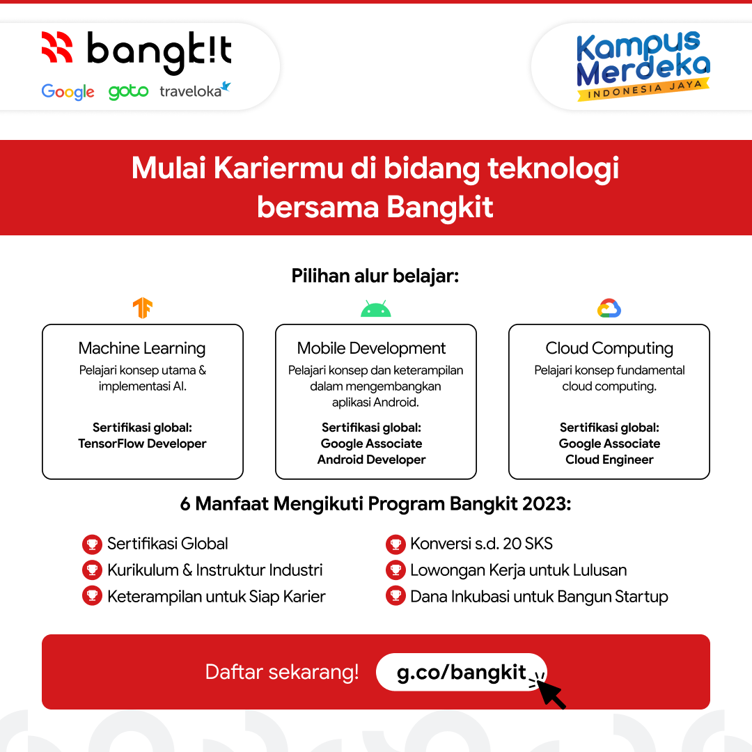 rendyfajrin's tweet photo. Yes, you heard it!
Bangkit Batch 2 is opened for new cohorts/students this year!

Be ready to nurture your T-shaped skills talents with tech expertise, soft skills, and English proficiency.

Go Apply and be ready to #lifeatbangkit https://t.co/fJr6PD80Y2