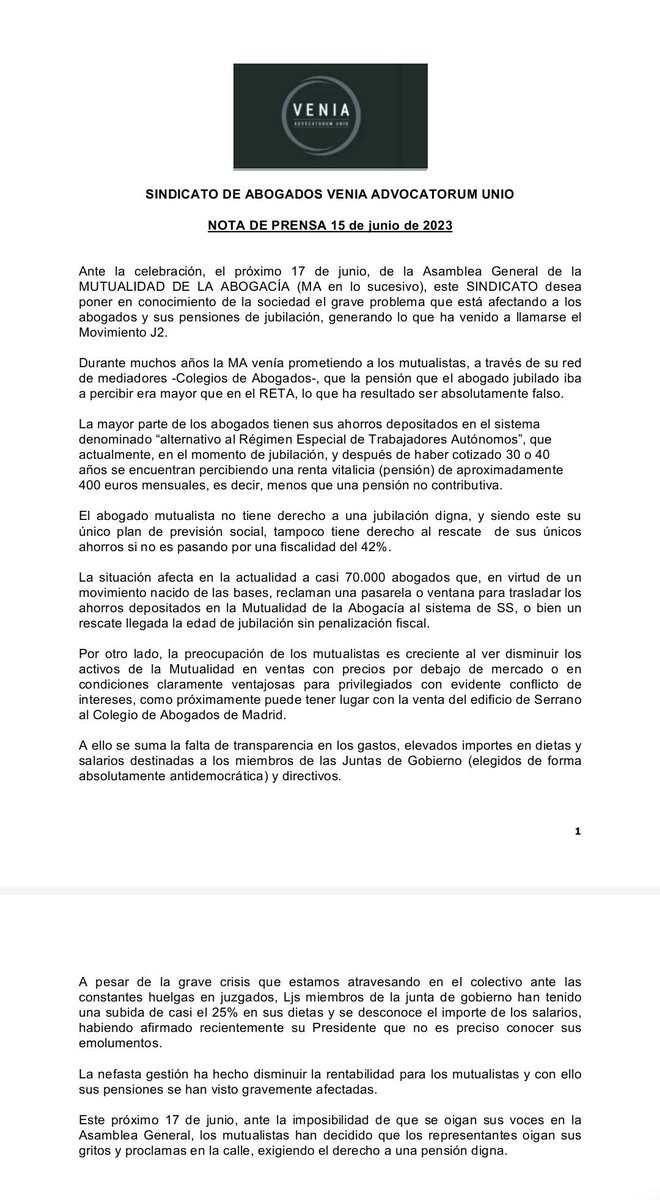 JMGC_Abogado's tweet photo. Buen día @NunezFeijoo 

Supongo que sabrá los gravísimos problemas que tenemos los abogados con la Mutualidad de la abogacía.

Resumiendo, tras 35 años cotizando nos quedan pensiones inferiores a una NO contributiva.

Necesitamos ayuda. Gracias

#SoluciónPensionesJ2 https://t.co/s8PNlkoE20