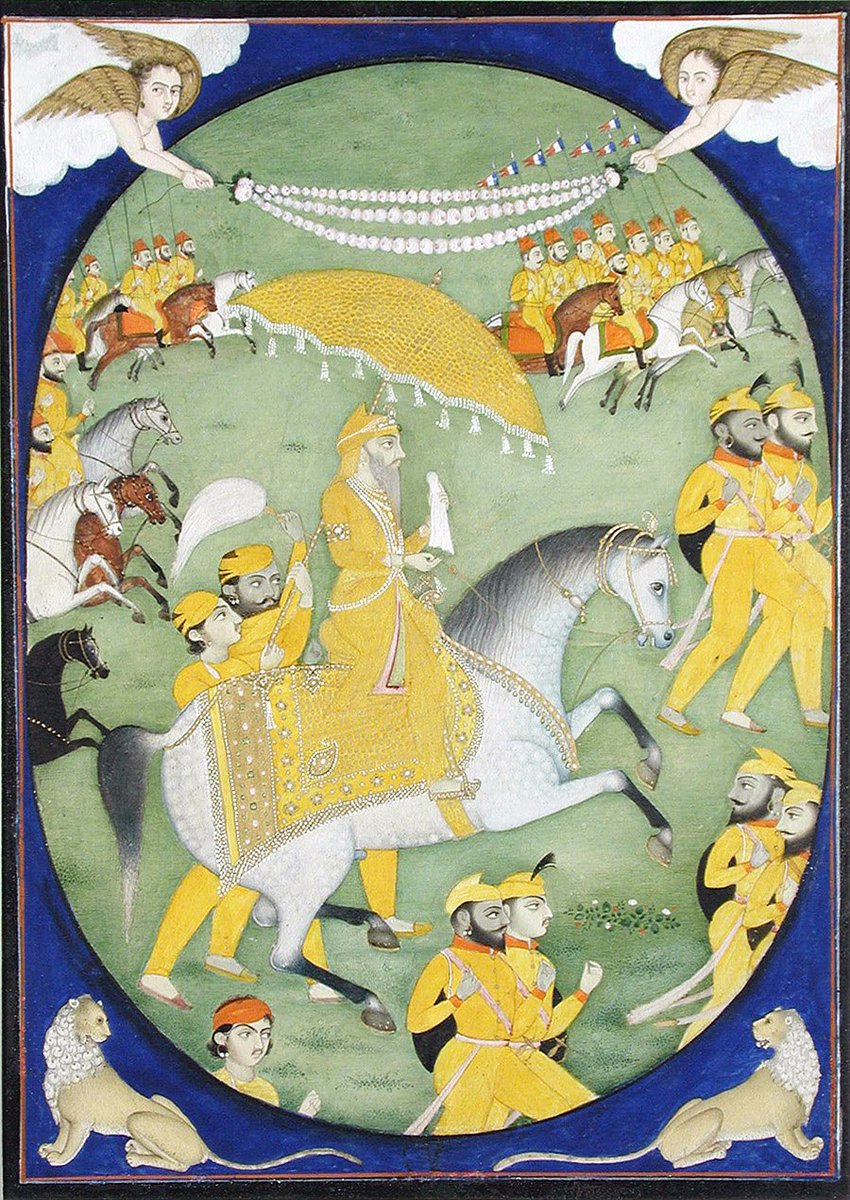 A painting of Maharaja Ranjit Singh during what seems to be Basant Panchami. A day where the entire fauj and the Durbar dressed in yellow to welcome the arrival of Spring. One can also see the fauj’s French flags in the top right - influence from French generals in the army.