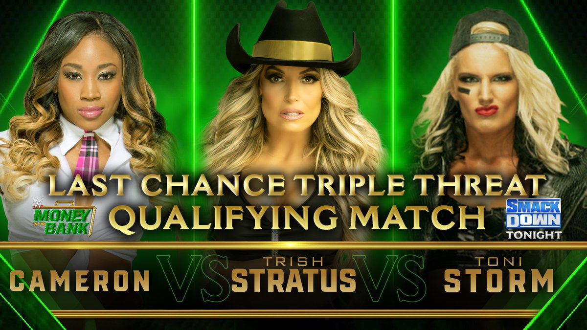 This Weekend on Smackdown, Live from Albany, NY:  
Cameron, Trish Stratus & Toni Storm in a Last Chance Triple Threat Qualifying Match for the Money in the Bank Ladder Match!

Chrishell Hilton & Kianca Flair fighting for their spots against their opponents: Franky Monet & Lana! https://t.co/60ILJR4Hj1