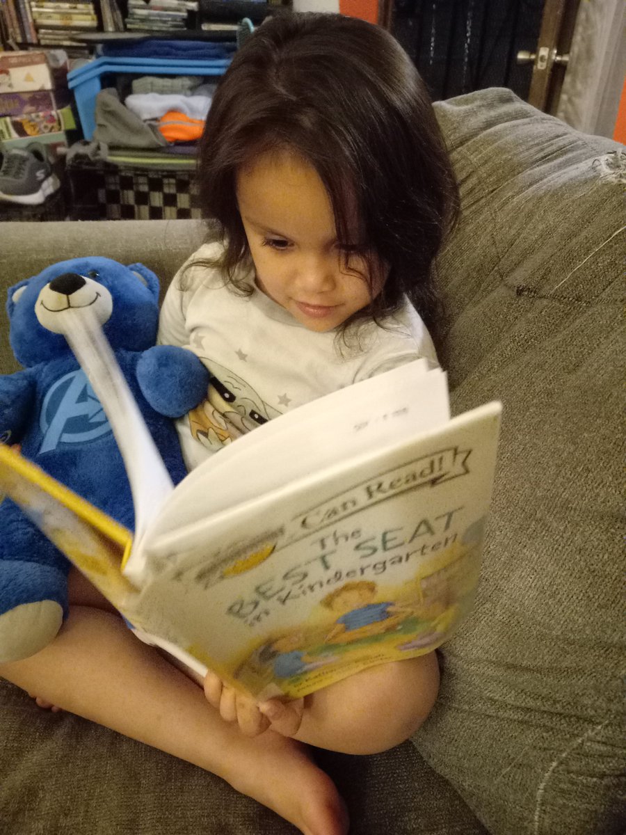 Rachel Reading bedtime stories to her Captain America Build a Bear. @JBaldwin_BMES #BME_Reads #DESTINATONSISDREADS #PatriotPride #SummerReadingChallenge
