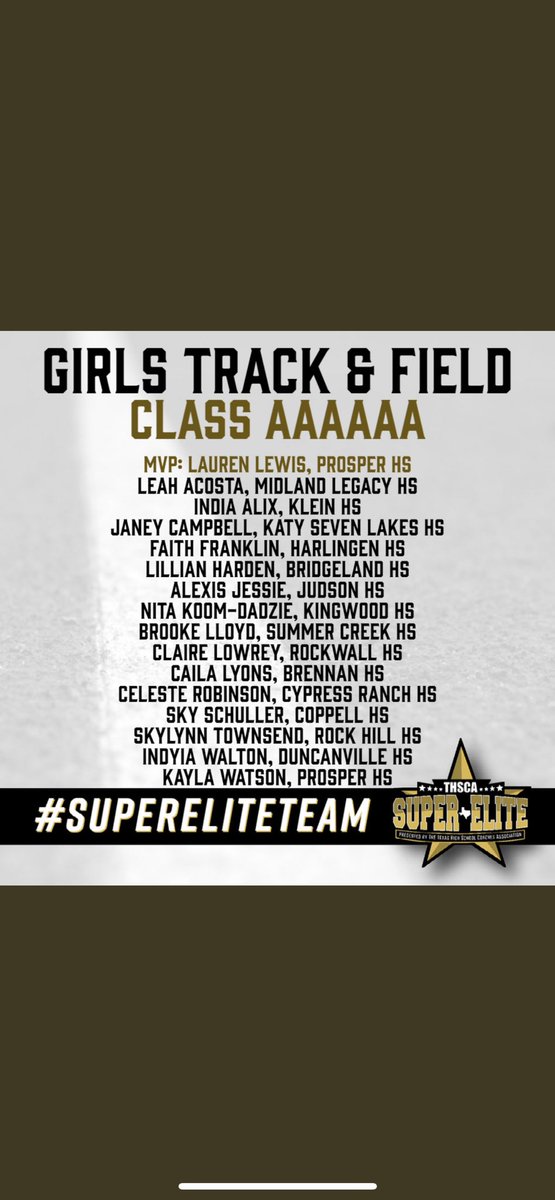 Congratulations to Kayla Watson for making the THSCA 6A Girls Track and Field SUPER ELITE team! @PISD_Athletics @ProsperISD @ProsperHS