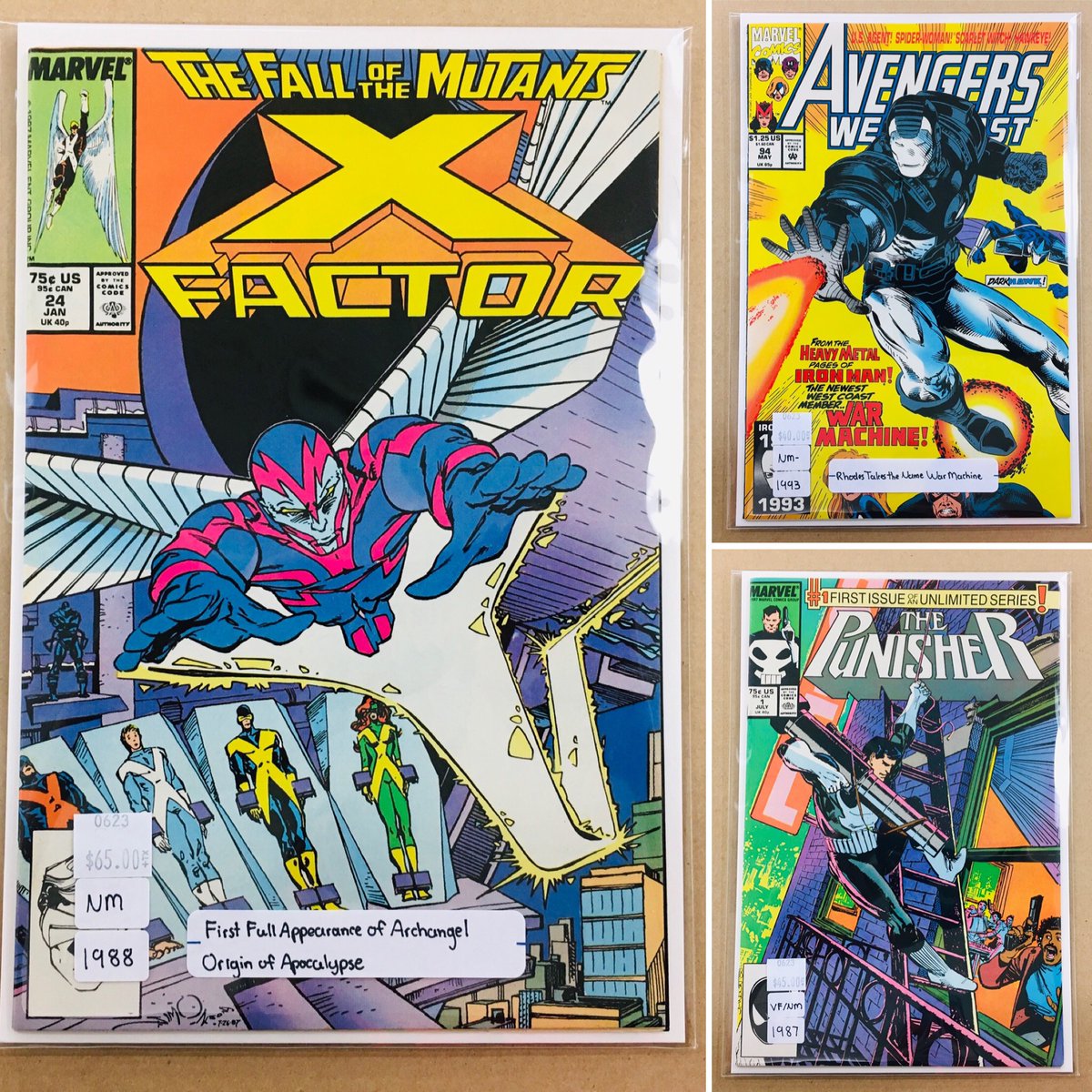 CosmicComicsLV's tweet image. Recent additions to the case.  The #FirstAppearance of #Archangel, the #FirstIssue of #ThePunisher, &amp;amp; #JamesRhodes officially taking the name #WarMachine.