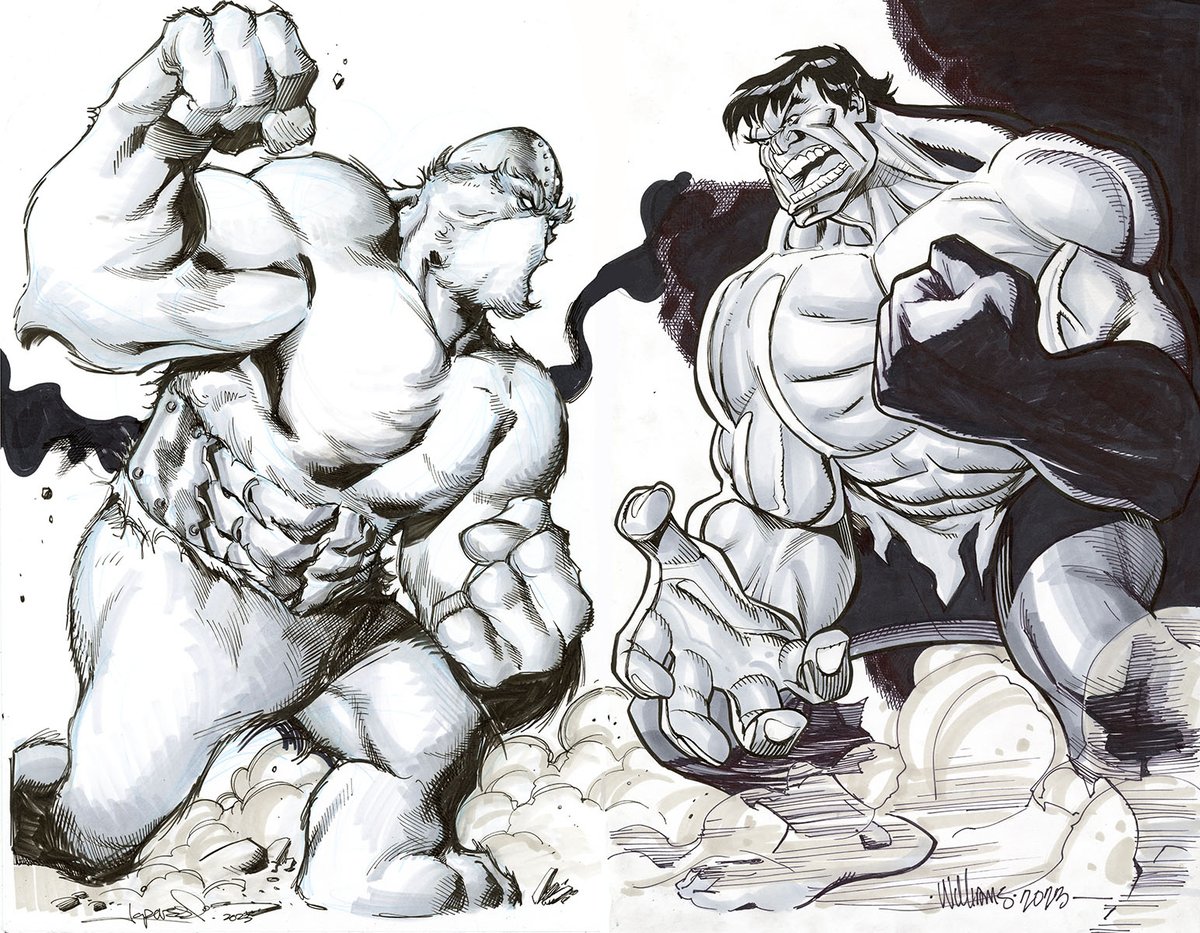 aaronlopresti's tweet photo. A few Graybeard's Studio episodes ago, @dwamsart and I did a combo #Xemnu and #Hulk piece. I got David's Hulk piece from him and did some work to better connect the art. It is done! @comickelsey @gmartinink https://t.co/V8Kyj49DdX