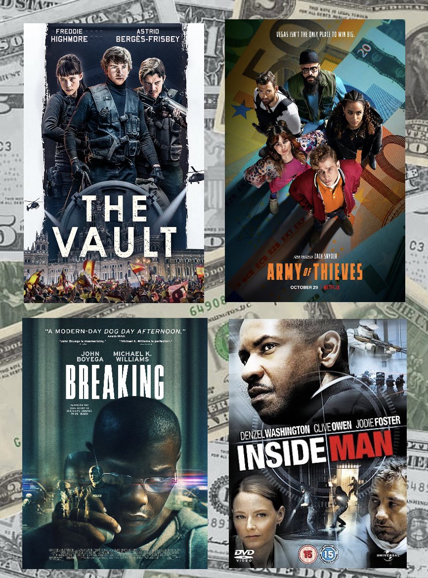 Choose one of these bank heist movies #thevault #armyofthieves #breaking #insideman #bankheistmovies #bankheist #hollywoodmovies #moviemayhem
#moviemadness #chooseone
#pickone