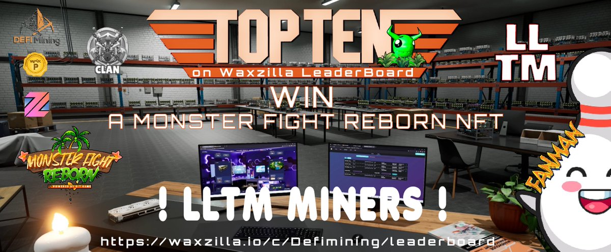 Hi Miners, the top ten <a href="/waxzillaio/">Waxzilla</a> leaderboard each win an NFT <a href="/monsterfinft/">MonsterFi Reborn | Powered by Git Game</a> !Thanks for your loyalty! And it's not over yet ... More Monster Fight Reborn will be distributed at upcoming @DEFIMiningNFT events! Stay tuned ⛏️and keep your DMT 🧐