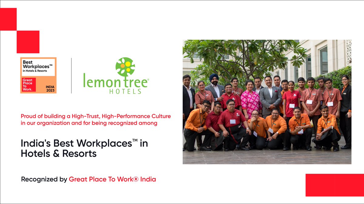 LemonTreeHotels's tweet image. We are delighted to be featured in the top 50 list of India&apos;s Best Companies to Work for in 2023, as well as being recognised as the Best in Industry: Hotels &amp;amp; Resorts by Great Place To Work® India. 
#LemonTreeHotels #BestCompaniesToWorkFor #GPTWCertified #GreatPlaceToWorkIndia