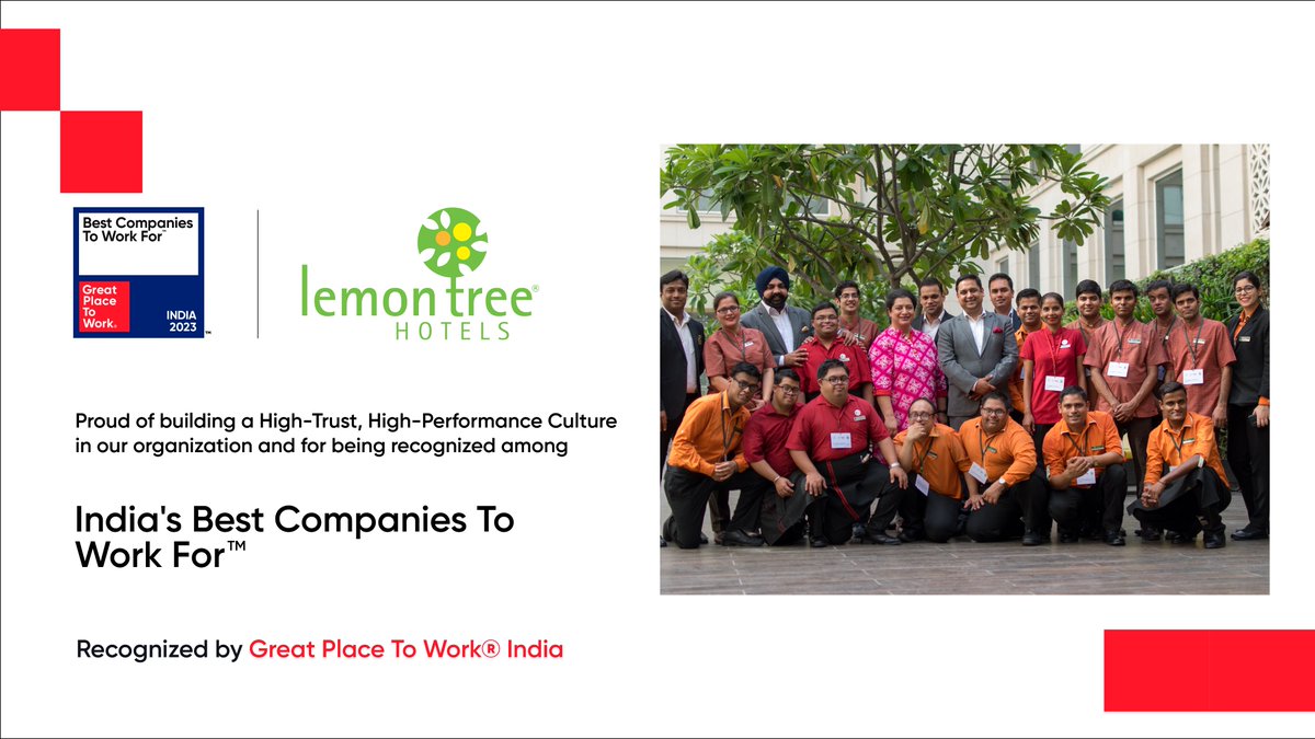 LemonTreeHotels's tweet image. We are delighted to be featured in the top 50 list of India&apos;s Best Companies to Work for in 2023, as well as being recognised as the Best in Industry: Hotels &amp;amp; Resorts by Great Place To Work® India. 
#LemonTreeHotels #BestCompaniesToWorkFor #GPTWCertified #GreatPlaceToWorkIndia