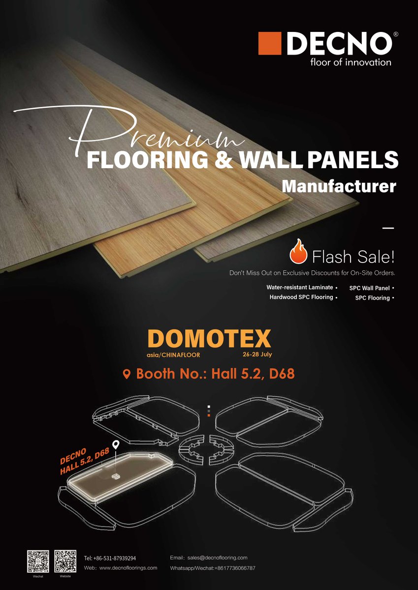 CathySu30621559's tweet photo. #Domotex asia/CHINAFLOOR, 26-28 July 2023
Location: NECC, Shanghai
#DECNO Booth No.: Hall 5.2, D68
Whatsapp/Wechat: +86 17736066787
E-mail: sales@decnoflooring.com
Website: https://t.co/C5Ei2wMDjz
DECNO Group Ltd-- professional & reliable manufacturer of China https://t.co/bij6IyDk2w