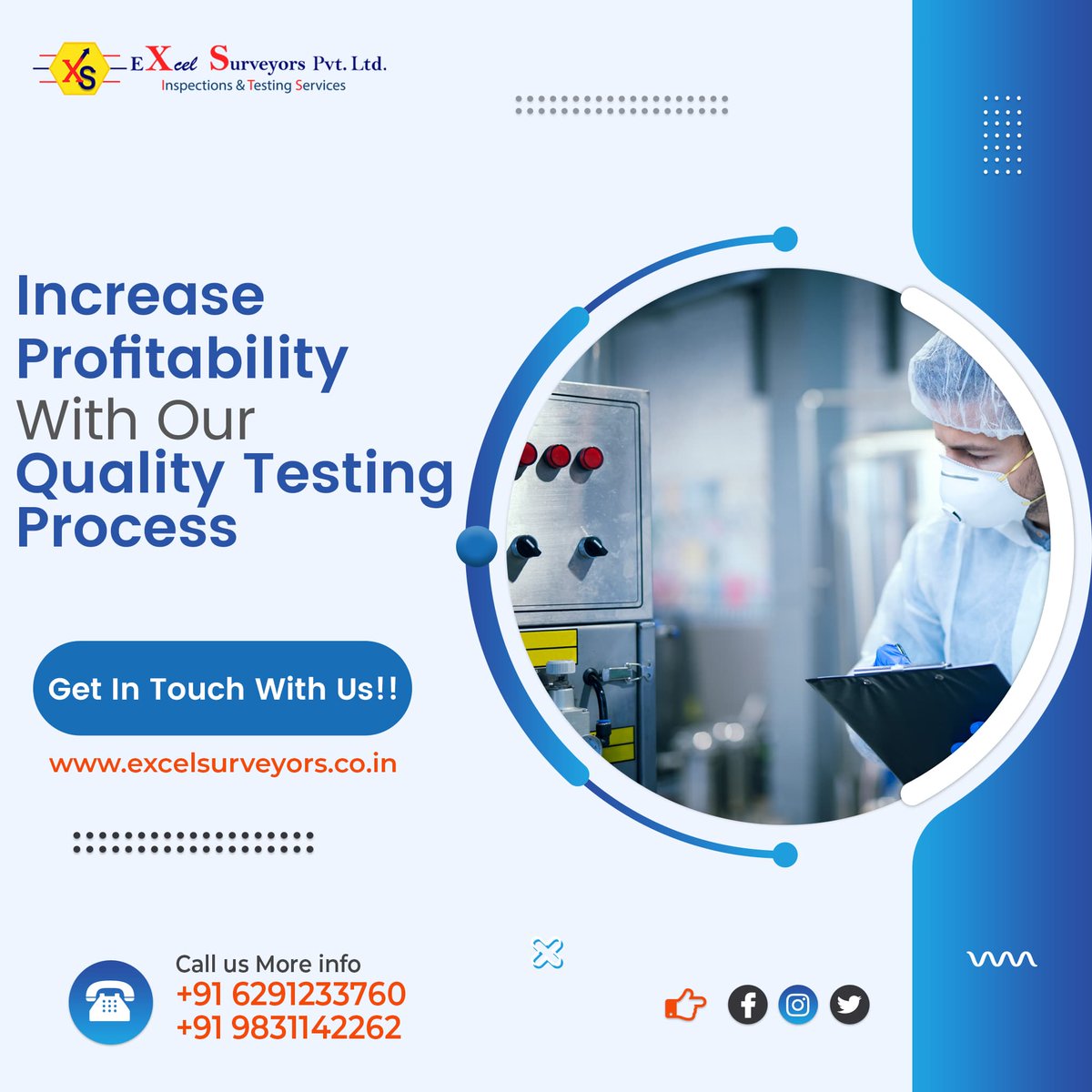 Increase Profitability With Our Quality Testing Process....

Get In Touch With Us!!

CALL US: (+91) 6291233760 / (+91) 9831142262
VISIT US: excelsurveyors.co.in

#INSPECTIONSERVICES
#THIRDPARTYINSPECTION
#INSPECTIONSERVICESINDIA
#INSPECTIONAGENCYKOLKATA
#QUALITYTESTING