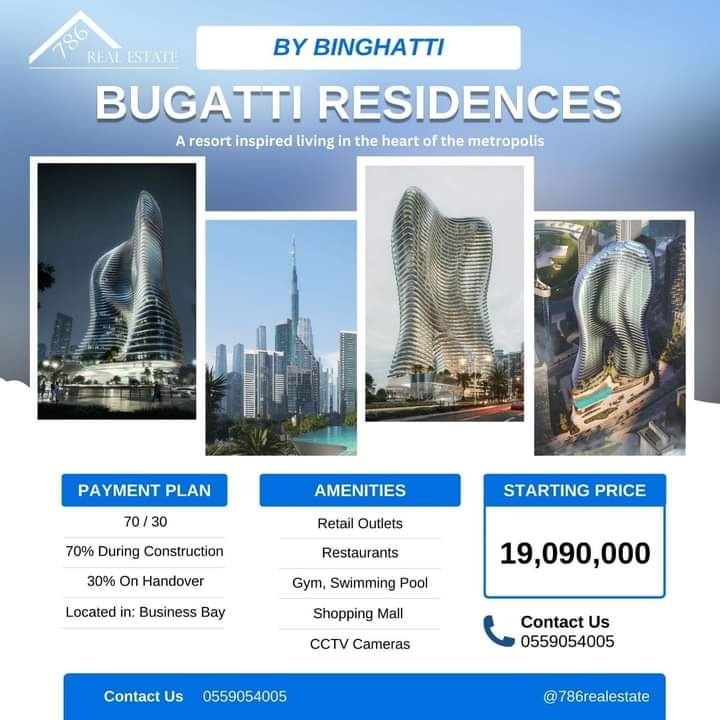 🏢 Introducing the World's First BUGATTI Residences in Dubai by Binghatti Developers! 
🌟 Prices starting from AED 19.09 Million
🎯 Flexible Payment Plan:
70% During Construction | 30% Upon Handover
Terms &amp; Conditions Apply!

📞 +971 55 905 4005
#786RealEstate #Syedowaisalishah