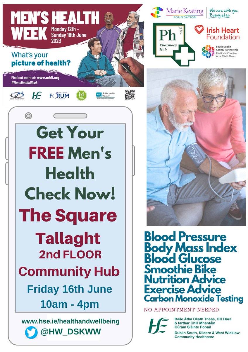 Free Men's Health Check today- 16th June.
10am to 4pm: 2nd Floor, The Square, Tallaght
No appointment needed #MensHealthWeek @HW_DSKWW