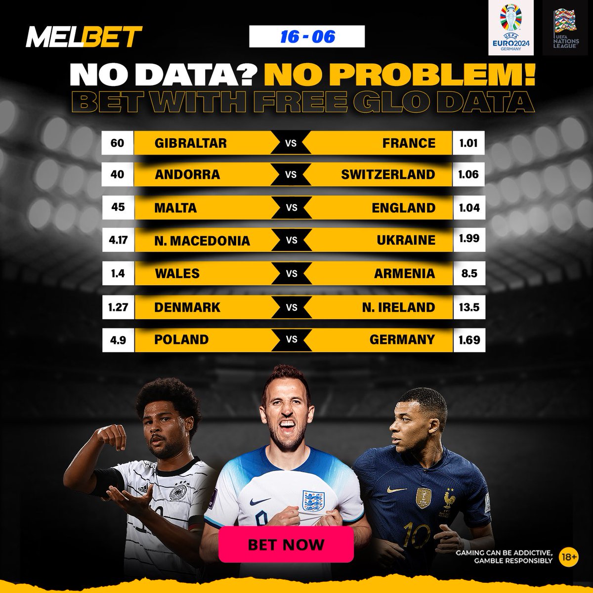 MelbetNigeria's tweet image. 🌍 International Friendly Matches &amp;amp; UEFA Euro 2024 Qualifiers today! ⚽
Sit back, relax, &amp;amp; enjoy the excitement of football worldwide. Don&apos;t forget to take advantage of free browsing on Glo with Melbet.ng ! 🌐
#Football #Euro2024Qualifiers #FreeBrowsing #Glo #Melbet