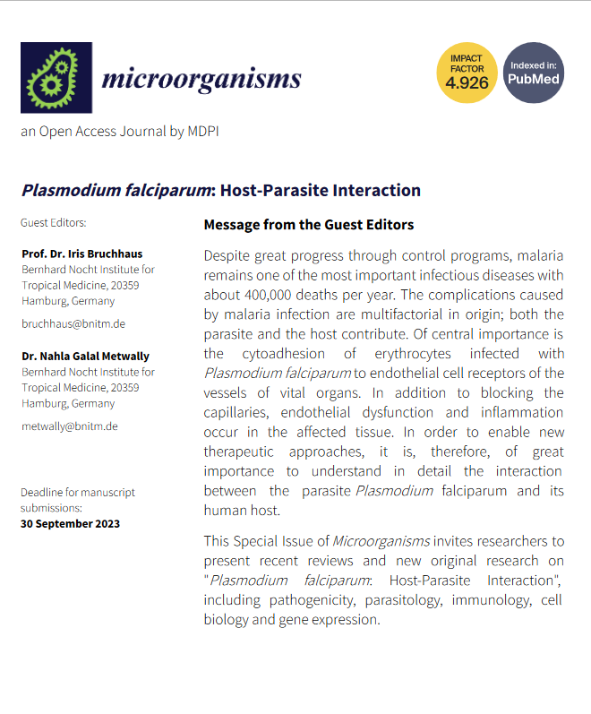 Microorganisms MDPI (@micro_mdpi) on Twitter photo 🦠New Special Issue in #Microorganism
📘Special Issue: Plasmodium falciparum: Host-Parasite Interaction
🧍♂️Guest Editor: Prof. Dr. Iris Bruchhaus and Dr. Nahla Galal Metwally <a href="/nanogalal/">Nahla Galal Metwally</a>
🔗Website: mdpi.com/journal/microo…
🥳Thank you for submission and sharing 🦠New Special Issue in #Microorganism
📘Special Issue: Plasmodium falciparum: Host-Parasite Interaction
🧍♂️Guest Editor: Prof. Dr. Iris Bruchhaus and Dr. Nahla Galal Metwally <a href="/nanogalal/">Nahla Galal Metwally</a>
🔗Website: mdpi.com/journal/microo…
🥳Thank you for submission and sharing