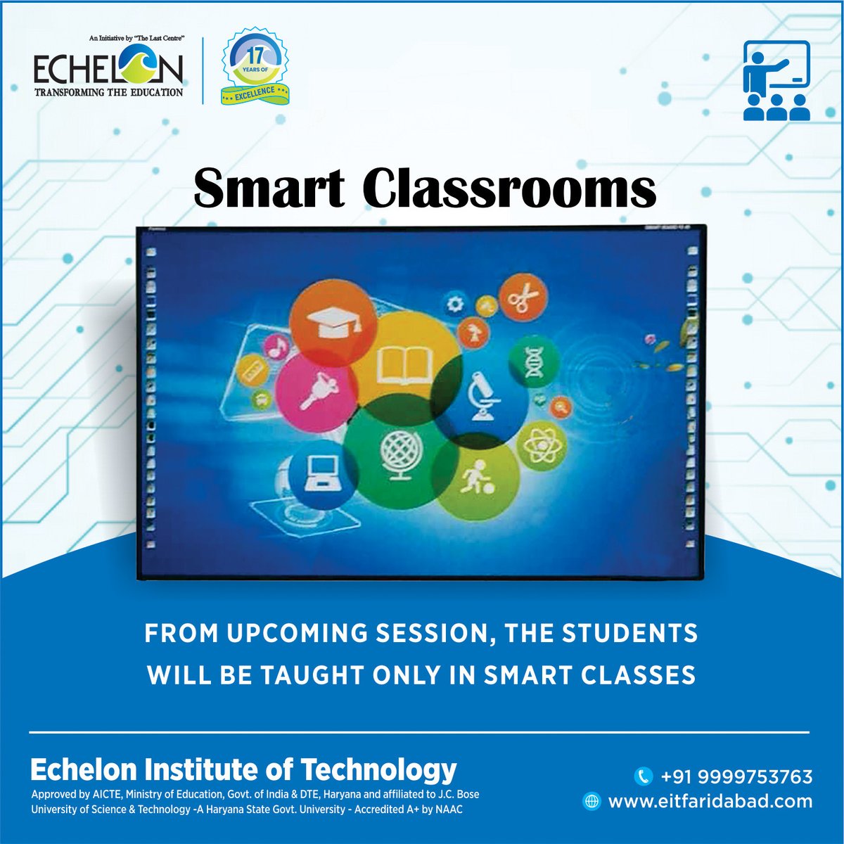 echeloncollege's tweet image. Embrace the Future of Education! 📚✨ Echelon Institute of Technology is thrilled to announce the introduction of Smart Classes starting from the upcoming session. Get ready for an immersive and interactive learning experience like never before. 🎓💡 #EchelonTech #SmartClasses