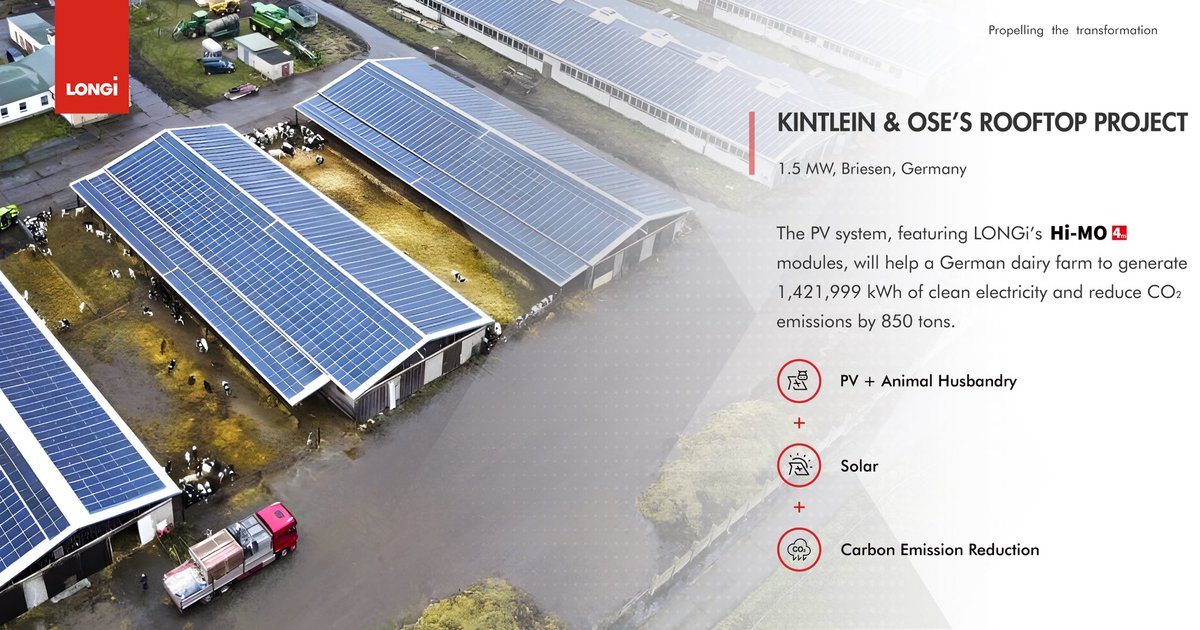 longi_solar's tweet photo. Here’s some exciting news from Briesen, Germany! A small village has harnessed solar power by installing a 1.5 MW PV system on a dairy farm roof. The innovative #LONGi Hi-MO 4m modules generate 1,421,999 kWh of electricity annually, reducing 850 tons of CO2 emissions!#LONGiCase https://t.co/0nDntEHmI9