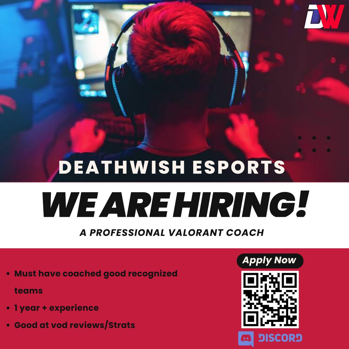 DWeSports29's tweet photo. We Deathwish eSports are Hiring a professional valorant coach for our valorant roster
For all the info you can DM me on insta or you can visit us at our official discord server
 link - https://t.co/pkMo1KNUQT
#valorant #valorantcoach #viral #trending #esports #esportscoach #coach https://t.co/7N0JyaqnVn