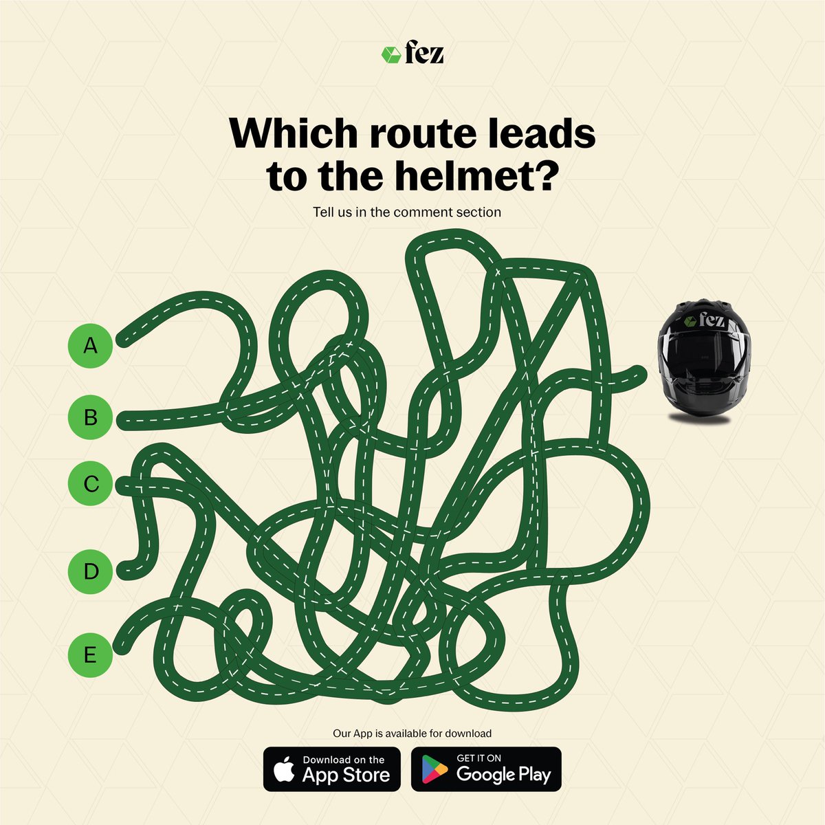 Which route leads to the helmet?

Let's go! 

Tgif

#fezdeliveryco  #OnTimeDelivery #TestYourSkills #Fastdelivery