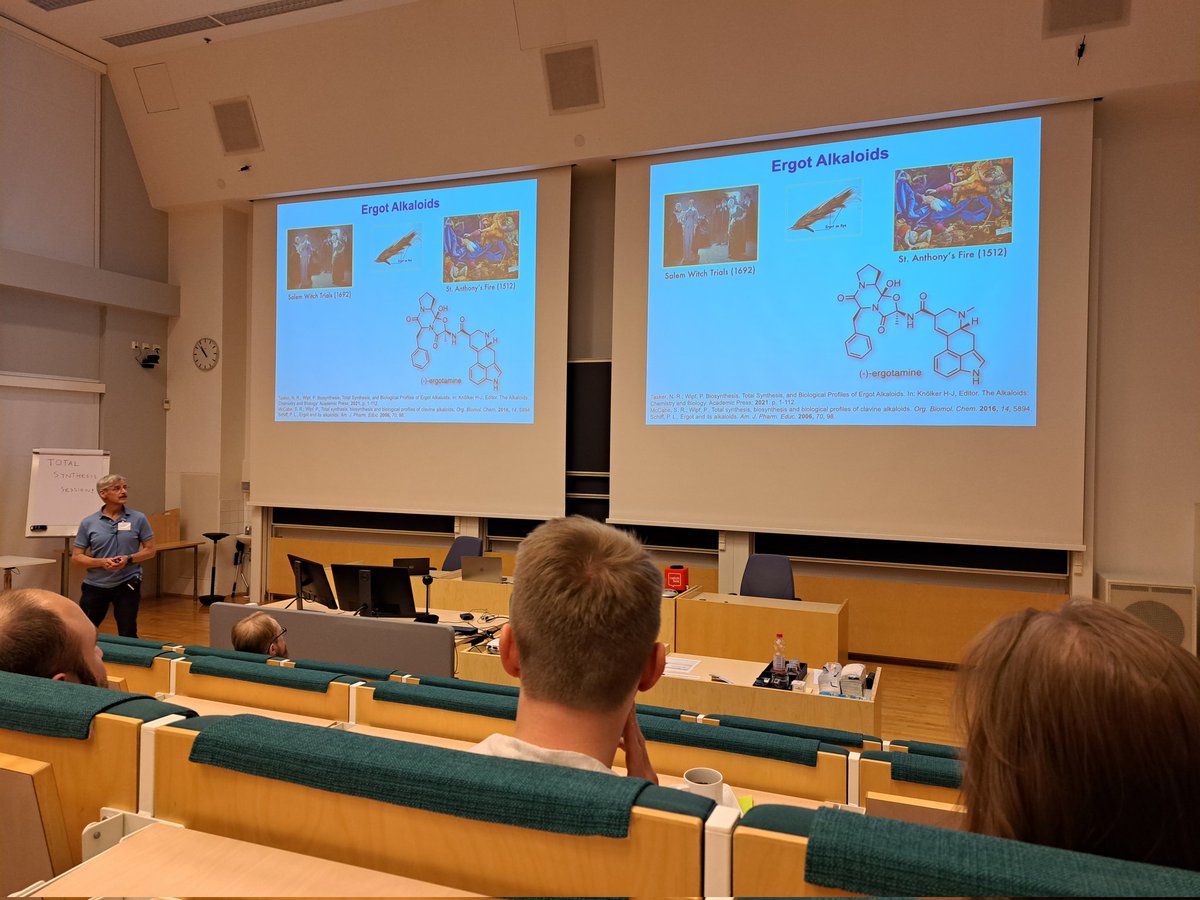 pschwllr's tweet photo. Exciting back-to-back total synthesis talks by two outstanding chemists in different stages of their career, Peter Wipf (@Wipf_Group) and Juha Siitonen (@juhesiit)! #NSS2023 https://t.co/kN9QVn8yq1