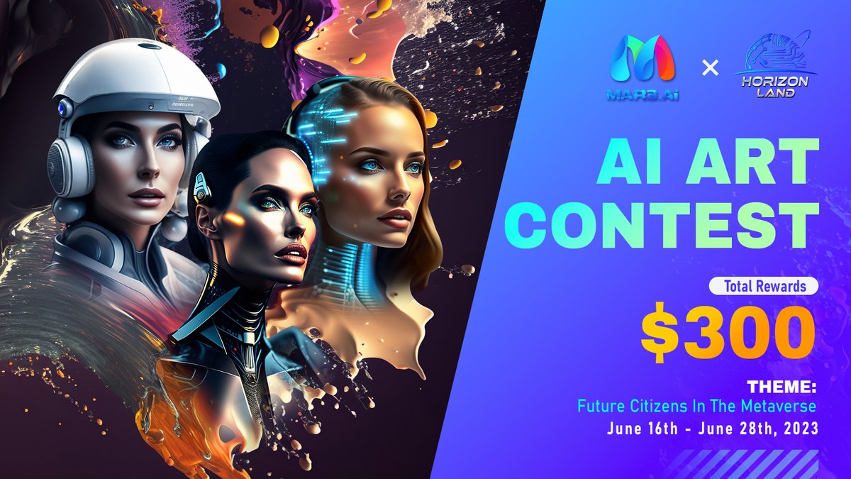 🎨 The AI Art Contest, a collaboration between Horizon Land and @Mar3_AI, is now LIVE! 🚀✨

🎯Theme: Future Citizens In The Metaverse
🗓 Timeline: 
Phase 1: from June 16th - June 23rd,2023
Phase 2: frome June 23rd - June 28th

🎉 How to join:
1️⃣ Create awe-inspiring AI-generated…