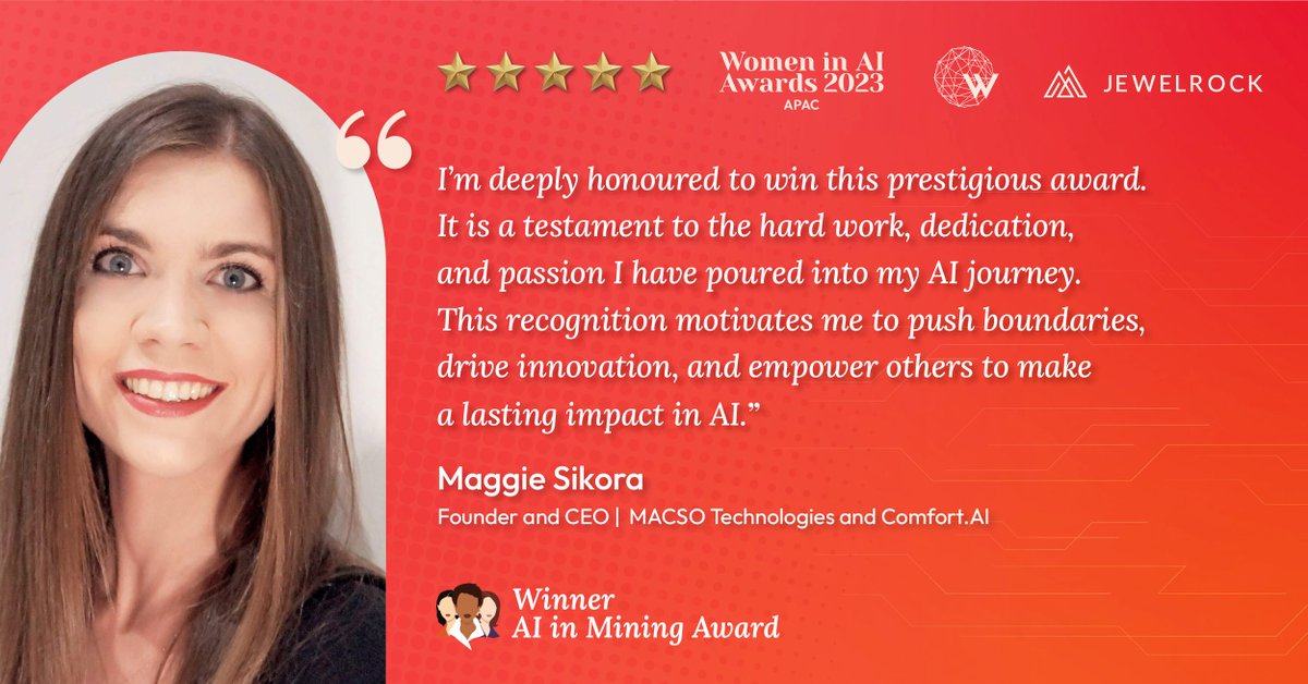 Women in AI (@women_in_ai) on Twitter photo 🏆 Winner - AI in Mining Award 🏆
The winner of the WAI Awards 2023 APAC - AI in Mining is Maggie Sikora from Australia! 🎉🎉
We would like to thank our presenter Dr <a href="/suekeay/">Dr Sue Keay FTSE</a> and our partner <a href="/NewcrestMining/">Newcrest Mining</a>. #WAIAwards2023APAC 🏆 Winner - AI in Mining Award 🏆
The winner of the WAI Awards 2023 APAC - AI in Mining is Maggie Sikora from Australia! 🎉🎉
We would like to thank our presenter Dr <a href="/suekeay/">Dr Sue Keay FTSE</a> and our partner <a href="/NewcrestMining/">Newcrest Mining</a>. #WAIAwards2023APAC