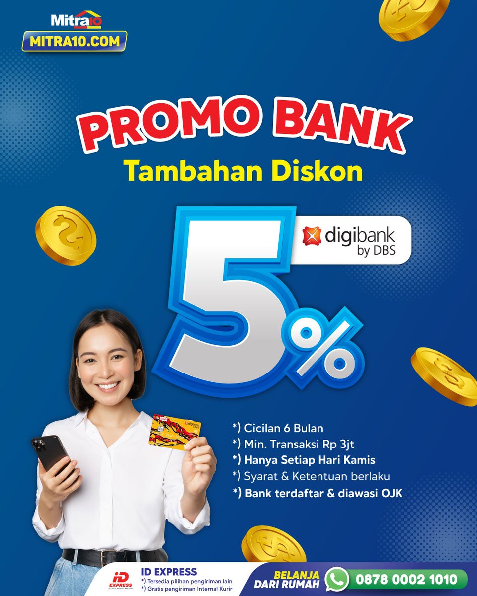 mitra10official's tweet image. Tambahan diskon 5% nih untuk para pengguna Digibank by DBS! Dengan transaksi minimal 3 juta untuk setiap kamis! Cek Mitra10.com juga ya!

#mitra10 #kebutuhanrumah #promobank #hargakhususonline #inspirasibelanja #hotitem #extrasales #midyearsale #renovasi #dekorasi