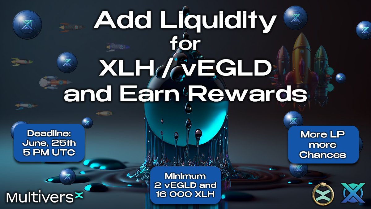 𝐀𝐝𝐝 𝐋𝐢𝐪𝐮𝐢𝐝𝐢𝐭𝐲 𝐭𝐨 𝐄𝐚𝐫𝐧 𝐑𝐞𝐰𝐚𝐫𝐝𝐬

The clock is ticking until the Swaps will be enabled for $XLH / $vEGLD on #VestaDEX, the new DEX on #MultiversX Mainnet, by <a href="/DemiourgosH/">Demiourgos Holdings</a>. 

⭐️ Add Liquidity to participate into our Lottery:
dex.vestax.finance/pools/add-liqu…

🏆 There
