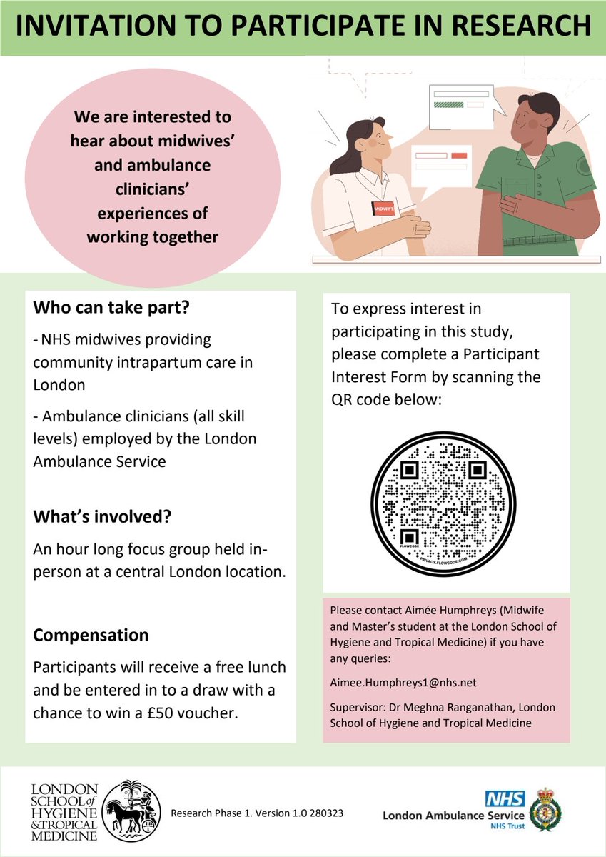 *Invitation to participate in research*

Calling all ambulance clinicians and community midwives in London!
We want to hear about your experiences working together.

For more information, please scan the QR code or follow this link: forms.gle/Wq9f6oyaZBGeUo…

#prehospitalmaternity
