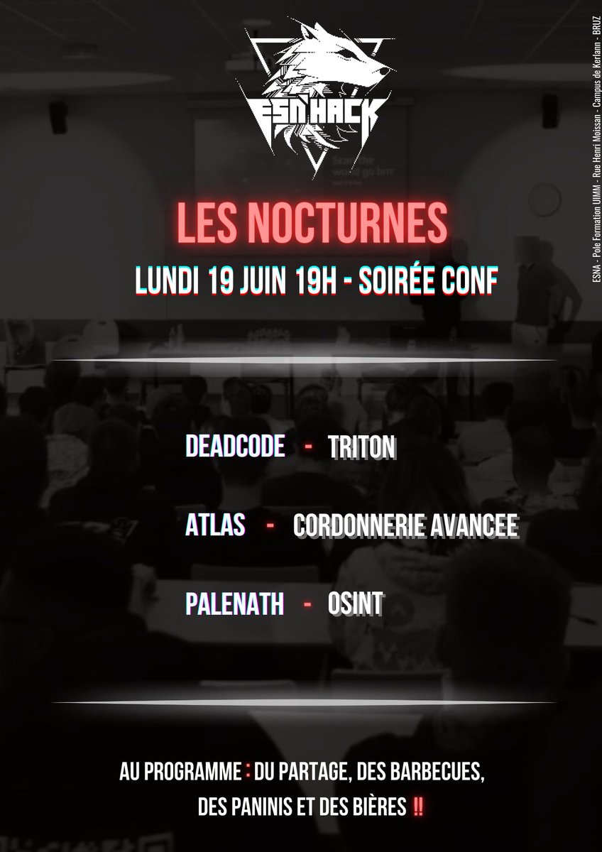 Nous sommes heureux de vous présenter le planning de la deuxième nocturne qui aura lieu le lundi 19 Juin dans l'amphithéâtre de l'ESNA ! 

Afin d'organiser au mieux l'évènement, vous pouvez vous inscrire avec ce lien : helloasso.com/associations/e… 

Nous vous attendons nombreux 🍻