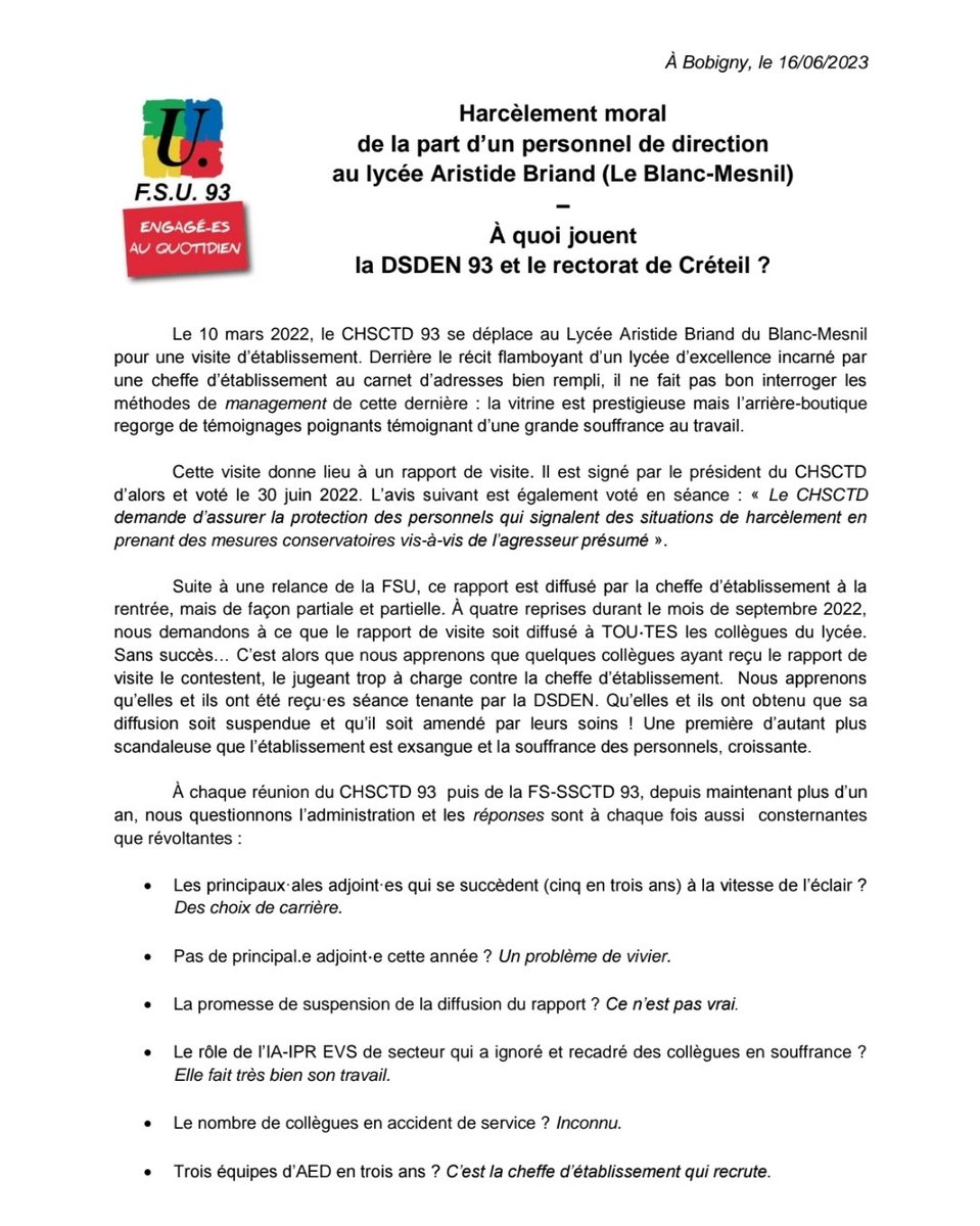 SnesFsuCreteil's tweet photo. Lycee Aristide Briand Blanc Menil : a quoi jouent la DSDEN 93 et le rectorat de Creteil ? @AcCreteil @dsden93 #violencesCreteil #FSSSCT https://t.co/DhEiyMW2ei