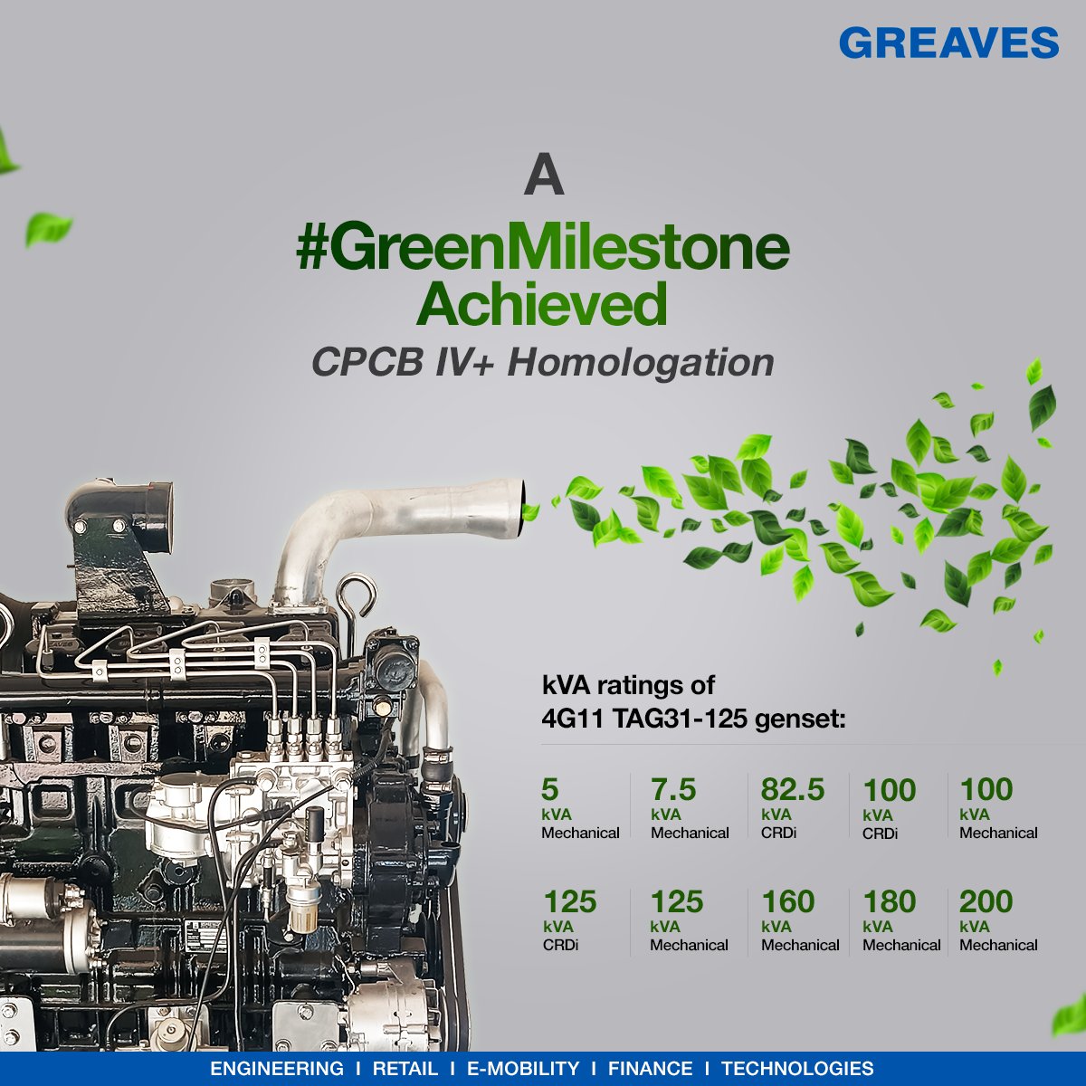 GreavesCottonIN's tweet photo. #GreavesEngineering has achieved CPCB IV+ emission compliance for our 4G11 TAG31-125 kVA genset.
This groundbreaking milestone showcases our unwavering commitment to surpassing industry standards & driving sustainability.🌍
#GreavesCotton #GoingGreenInitiative #GreavesGensets https://t.co/zThutPj3ya