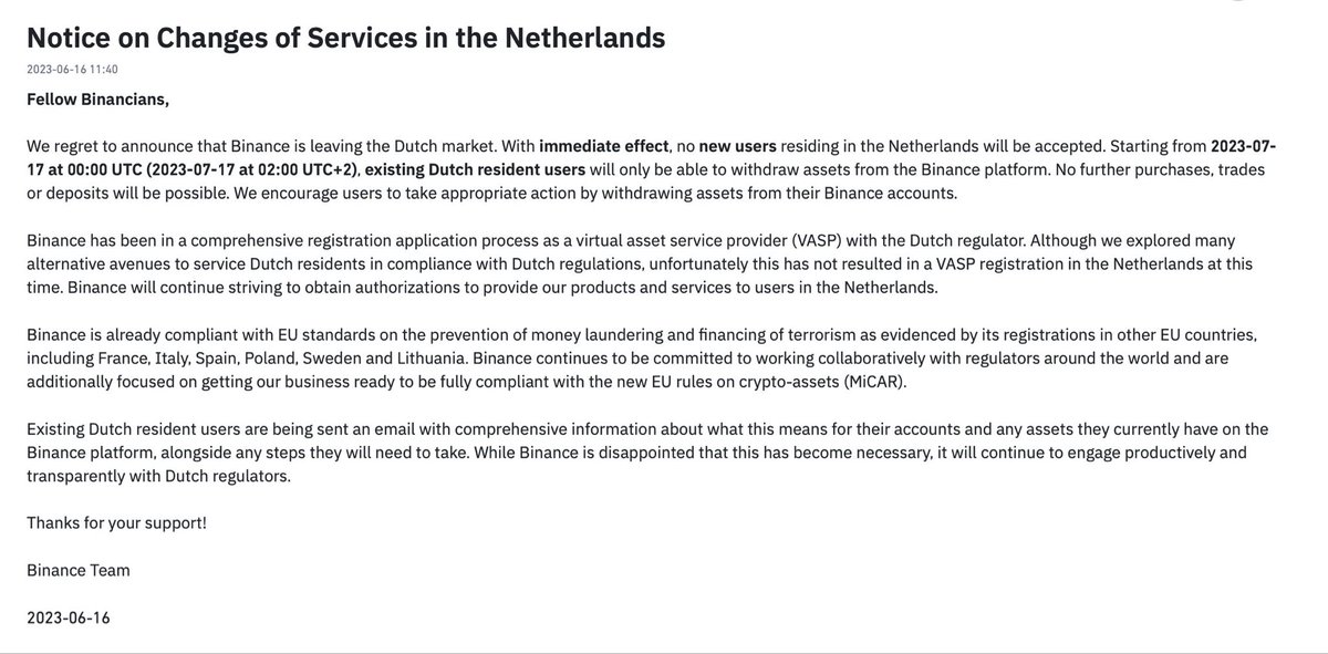 ImSulei's tweet photo. #Binance is leaving the #Netherlands https://t.co/IAg1ygYwOl