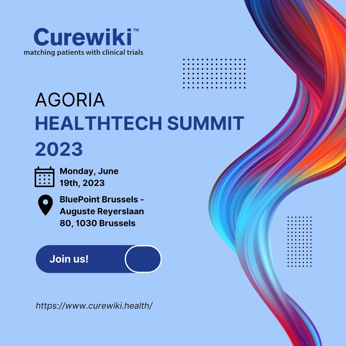Curewiki1's tweet photo. 📢 We're thrilled to announce that our talented Curewiki team members will be joining the upcoming Agoria HealthTech Summit 2023!

We can't wait to connect with you and discuss how Curewiki is transforming the industry.

For further information: https://t.co/iif9YygOla https://t.co/Ee98Y7nr3O