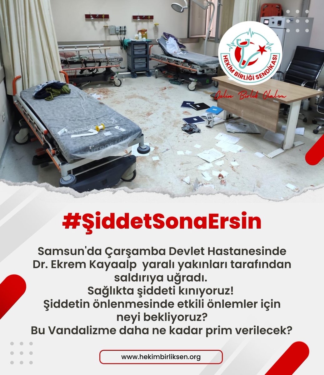 Samsun'da Çarşamba Devlet Hastanesinde Dr. Ekrem Kayaalp  yaralı yakınları tarafından saldırıya uğradı. 
Sağlıkta şiddeti kınıyoruz! 
Şiddetin önlenmesinde etkili önlemler için neyi bekliyoruz? Bu Vandalizme daha ne kadar prim verilecek? 
<a href="/drfahrettinkoca/">Dr. Fahrettin Koca</a> <a href="/yilmaztunc/">Yılmaz TUNÇ</a>