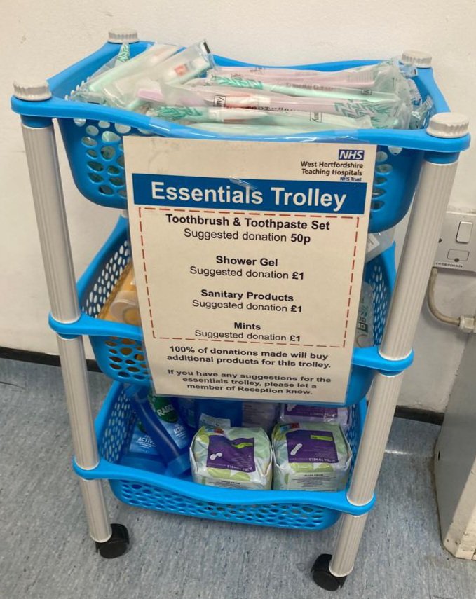 experiencewhht1's tweet photo. Our Essentials Trolley is available by PMOK Reception with a small selection of essential items that patients/visitors may need during their time at WHTH. 

100% of donations will be spent buying more essential items for the Essentials trolley✨️

#ImprovingPatientExperience https://t.co/M5O65rZLqI