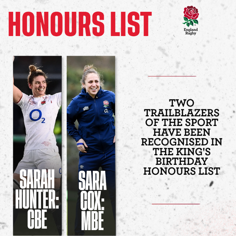 EnglandRugby's tweet photo. Congratulations @sarah_hunter8 &amp; @SaraCoxRef! 🙌

England's most-capped player in history and one of the pioneers of women's refereeing have been recognised for their remarkable achievements in the sport 👏