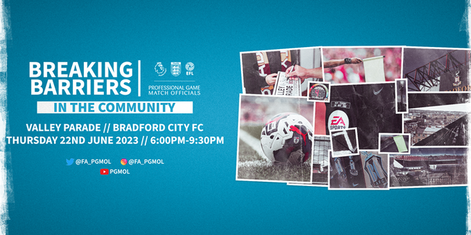FARefereeing's tweet photo. BREAKING BARRIERS LIVE | 
@FA_PGMOL is heading into the community for a session at @officialbantams on 22nd June! 📆

This live session with @Refreshsport is a unique chance to hear from leading referees and industry experts.

Register 👉 https://t.co/VAEiQ6WLyM https://t.co/40dt2YXYA9