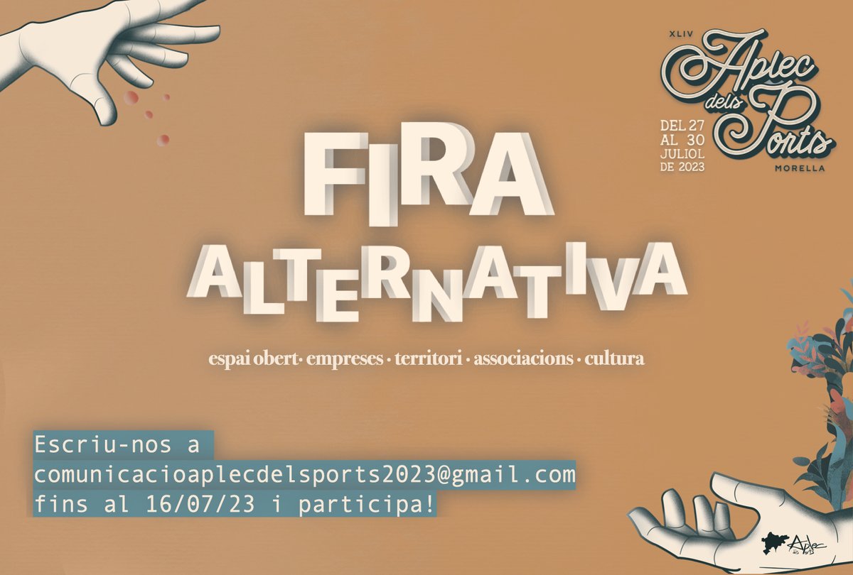 🎡 FIRA ALTERNATIVA DE L'APLEC DELS PORTS

🤗 Naix amb l'objectiu de crear un espai on diferents empreses i associacions del territori puguen donar-se a conéixer. 

📍Passeig de l'Albereda

📆 27, 28, 29 i 30 de juliol

📩 Escriu-nos a comunicacioaplecdelsports2023@gmail.com