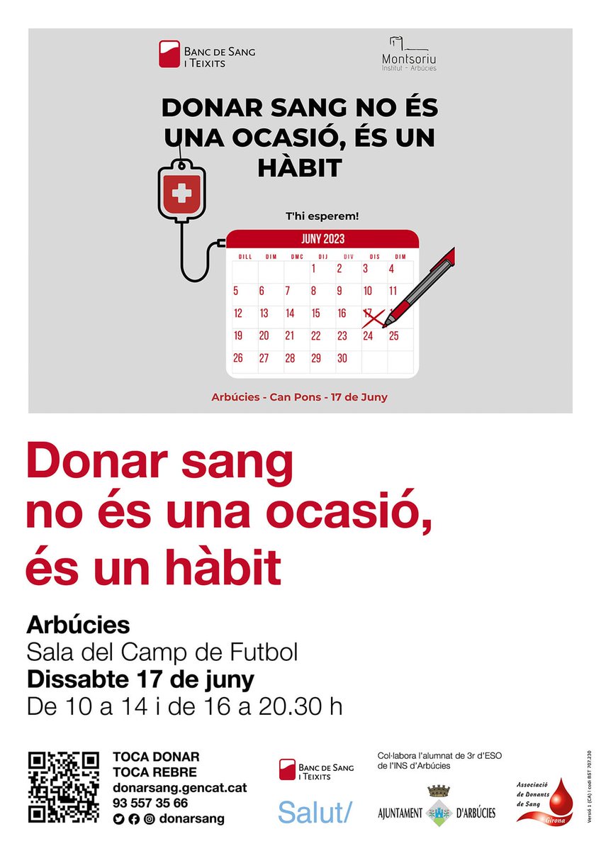 Recordeu que demà dissabte 17 de juny, hi ha donació de sang a la sala del camp de futbol. 

En aquesta ocasió, s'ha modificat la reserva d'hora i només es pot triar entre la franja de matí i de tarda. Ho podeu fer a través d'aquest enllaç: 

donarsang.gencat.cat/ca/vull-donar/…