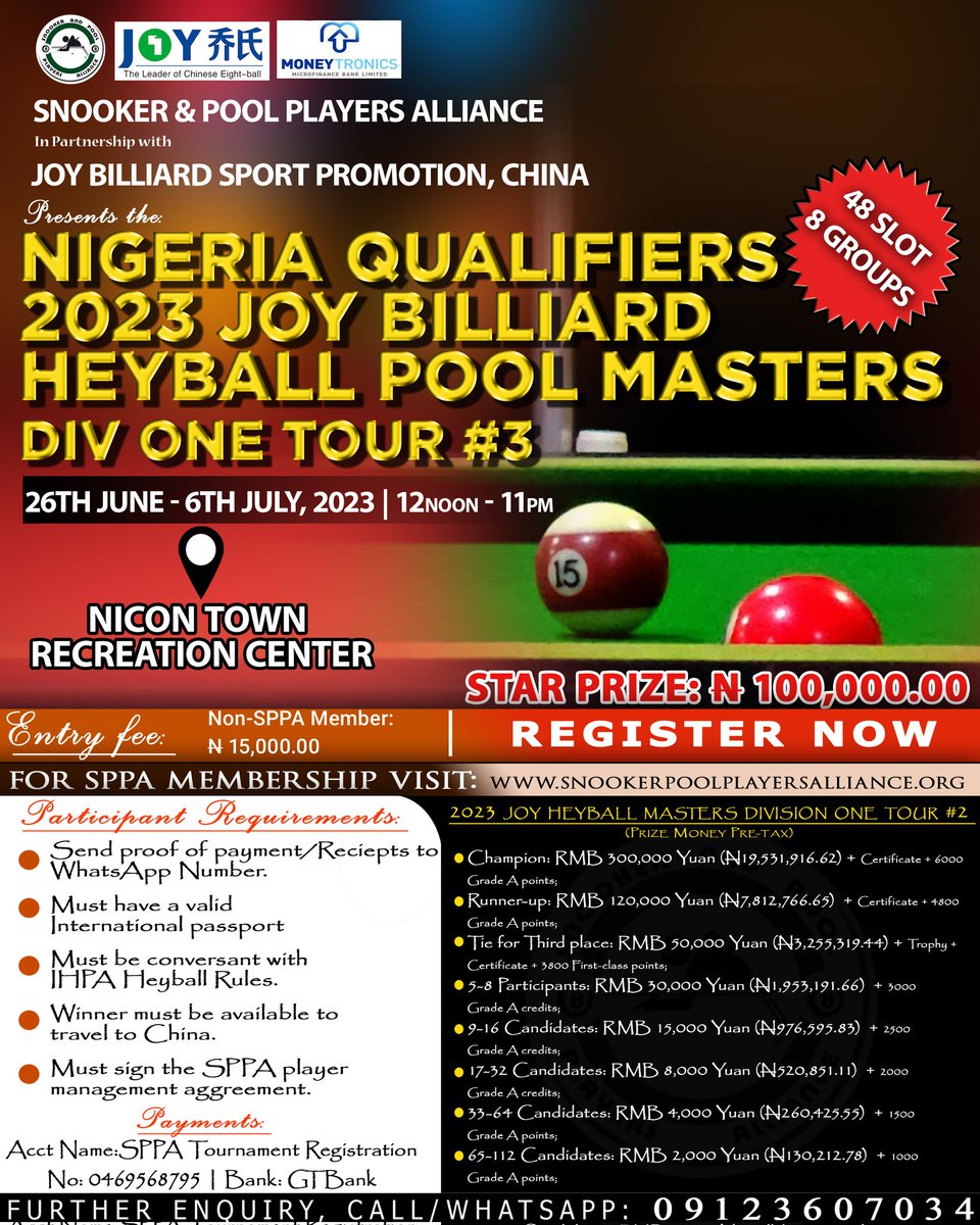 sppalliance_ng's tweet photo. Breaking News:
2023 Joy Heyball Masters Div One Tour #3 NIGERIA QUALIFIERS. Registration now open. @asenntv @mtronicsbank @1158183383Ding  #Heyball @Tonyzha39225084 https://t.co/je1Gb5r1yq