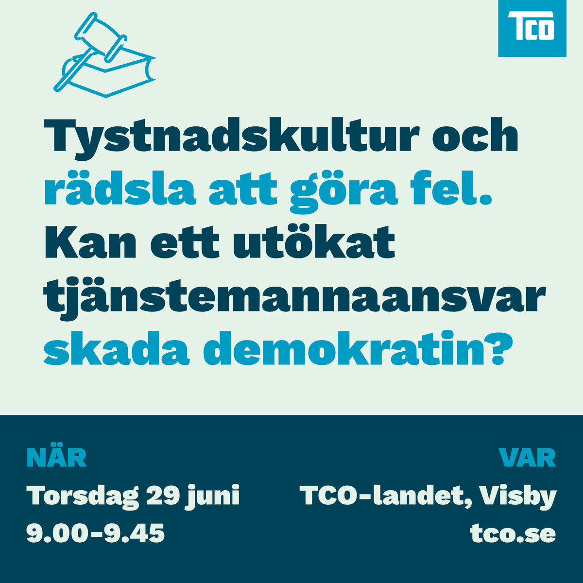 Kan ett utökat tjänstemannaansvar leda till en större tystnadskultur? Det diskuterar <a href="/ThereseSvanstrm/">Therese Svanström</a> <a href="/VonKatharina/">Katharina von Sydow</a> <a href="/elin_m/">Elin Moberg</a> och Göran Sundström. Debatt med <a href="/idadrougge/">Ida Drougge</a> <a href="/bjorkmalin27/">Malin Björk</a> och <a href="/ernkrans/">Matilda Ernkrans</a> i TCO-landet i Almedalen 29/6 kl 9 eller på tco.se/fakta-och-poli…